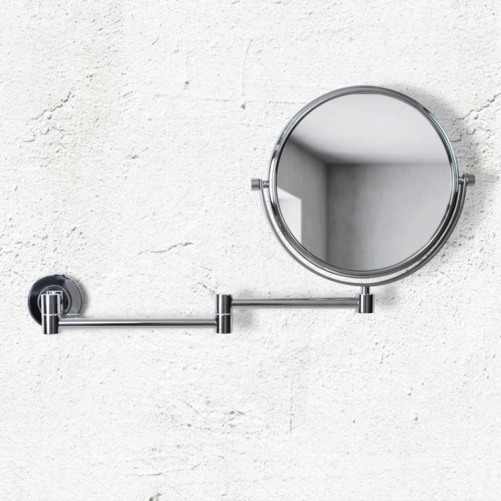 Close up product image of the Origins Living Hutton Chrome Reversible 5X Magnifying Wall Mirror with its arm fully extended